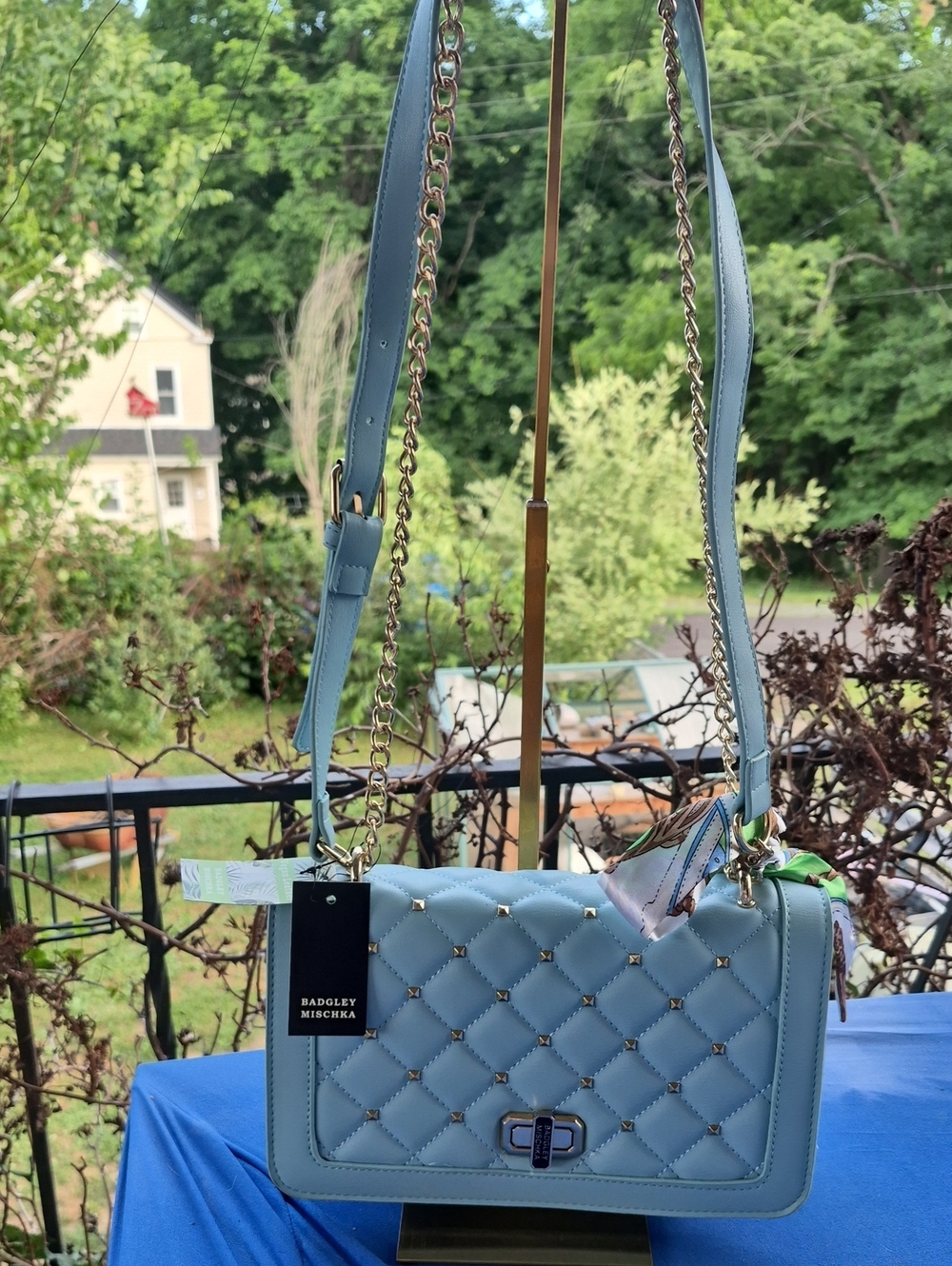 BADGLEY MISCHKA 🩵 Quilted Vegan Leather LIGHT BLUE "Square Stud" Locking XBODY